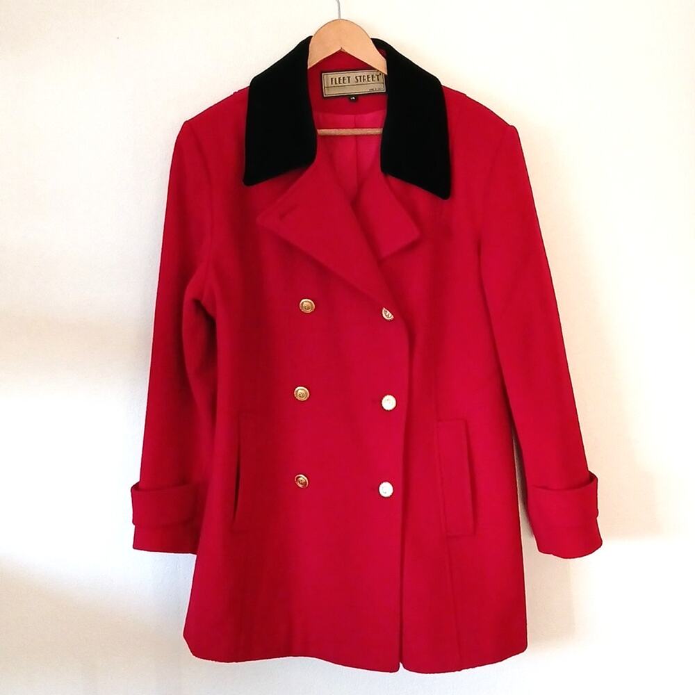 Vintage Fleet Street Red Double Breasted Pea Coat With Velvet Collar